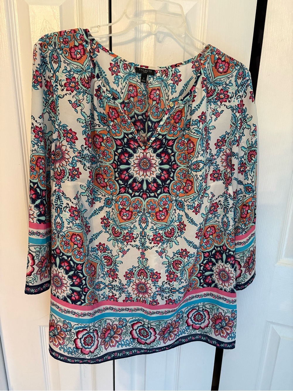 Talbots White Floral Medallion Tunic with Pink and Teal Accents